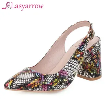 

Lasyarrow Plus Size 33-48 Spring Women Sandals Square Heel Snakeskin Pattern Shoes Women Buckle Metal Sexy Western Style Zapatos