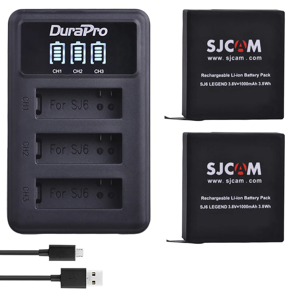 DuraPro 2PC 1000mAh Original SJCAM SJ6 Camera Battery + LED 3-Slots USB Charger for SJCAM SJ6 Legend Action Sports Camera