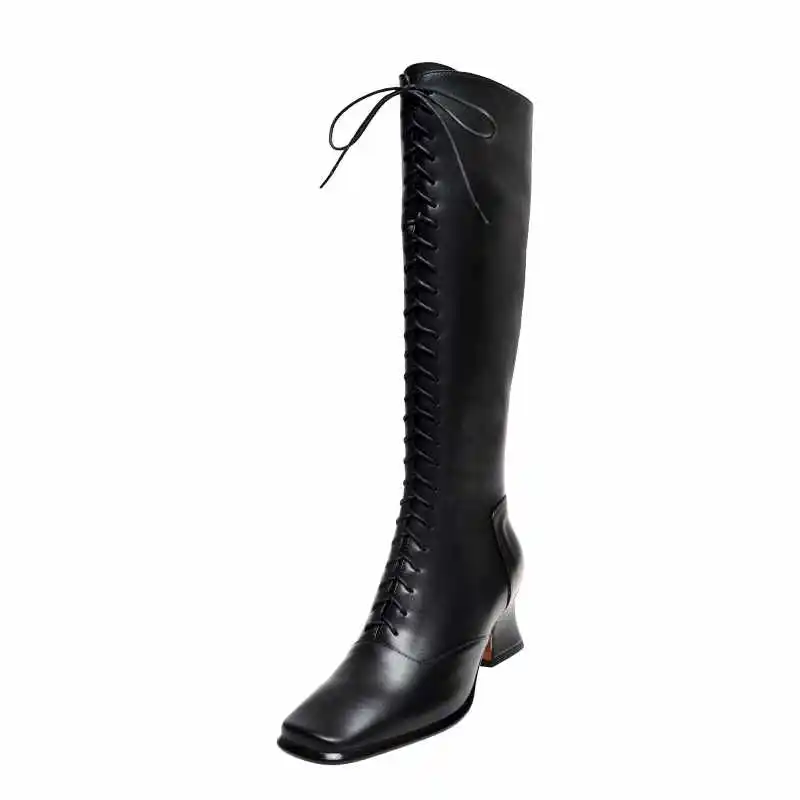 Krazing Pot elegant British style fashion lace up boots square toe high heels winter warm women side zip thigh high boots L66 - Color: Black