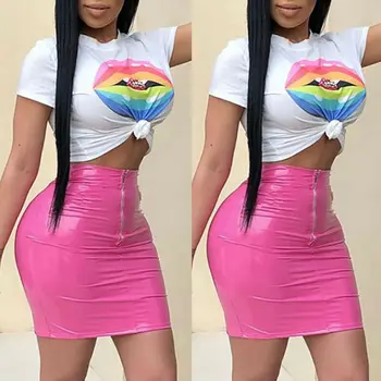 

Women Skirt PU Leather Wet Look Ladies Mini Skirts Sexy High Waist Solid Zipper Pencil Slim Bodycon Skirts