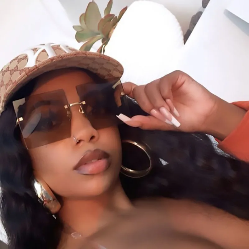 

2020 New Fashion Square Sunglasses Women Oversized Brown Crystal Cutting Glasses Luxury Designer Rimless Shades For Women UV400