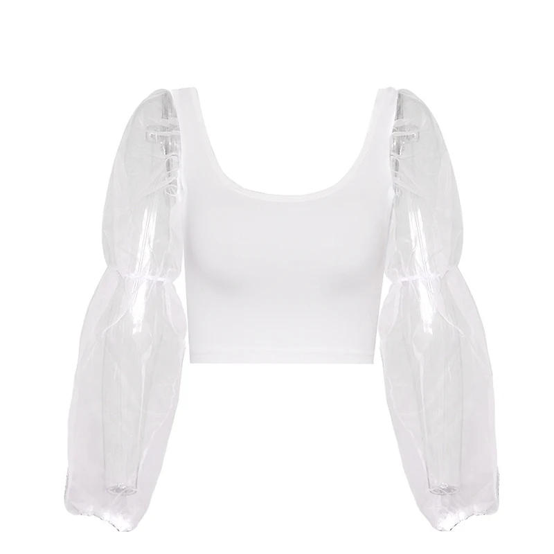 Duzeala Women's Mesh Puff Sleeve Cropped Shirts Crop Tops Sexy White Black High Street Ladies Blouse Summer Autumn Solid Tops - Цвет: White