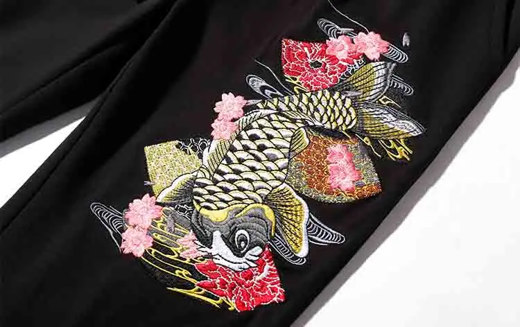 Harajuku Pants Men Elastic Waist Fashion Chinese Carp Embroidery Loose Calf-Length Pant jogging