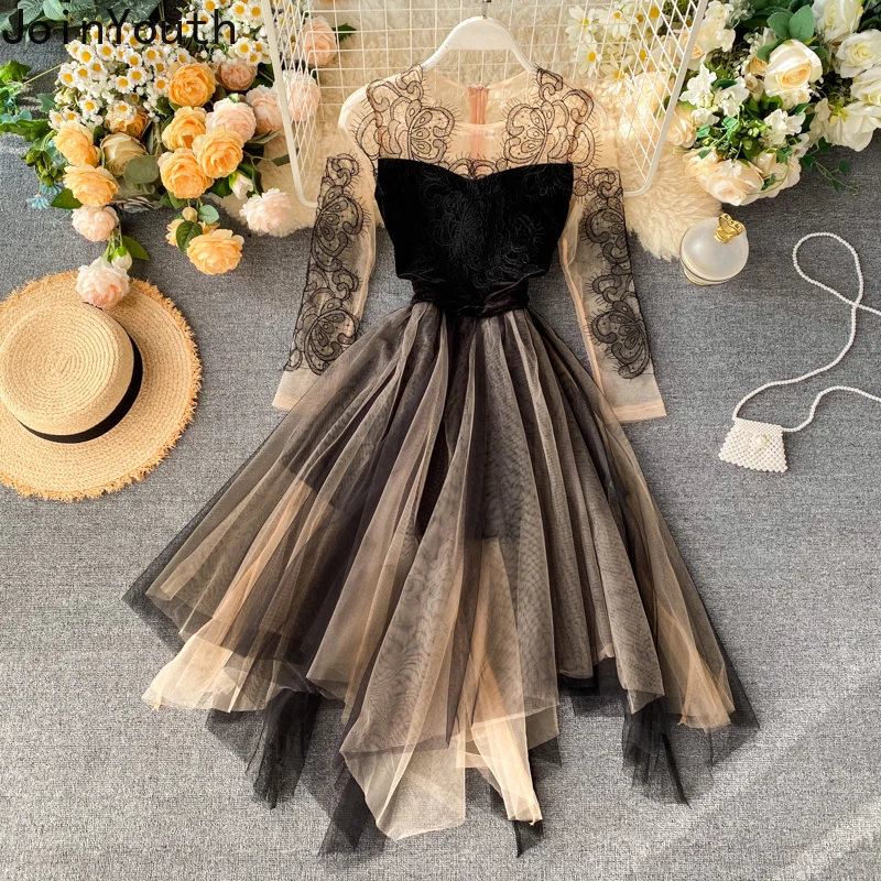 

Joinyouth Korean Patchwork Women Evening Party Dress Lace Embroidery Elegant Midi Vestidos Irregular Mesh A-line Dresses 57617