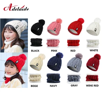 

Hot Winter knitted Beanie Hats Thick Warm Beanie Skullies Hat Female Women knit Letter Bonnet Beanie Caps with ear protector set