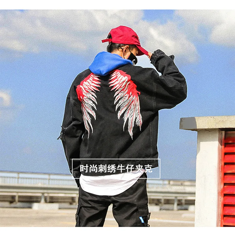 Марка New Fashion Hi Street Для Мужчин's рваные Джинсовые куртки крылья Джинсы с вышивкой куртки пальто на весну-осень для мужчин