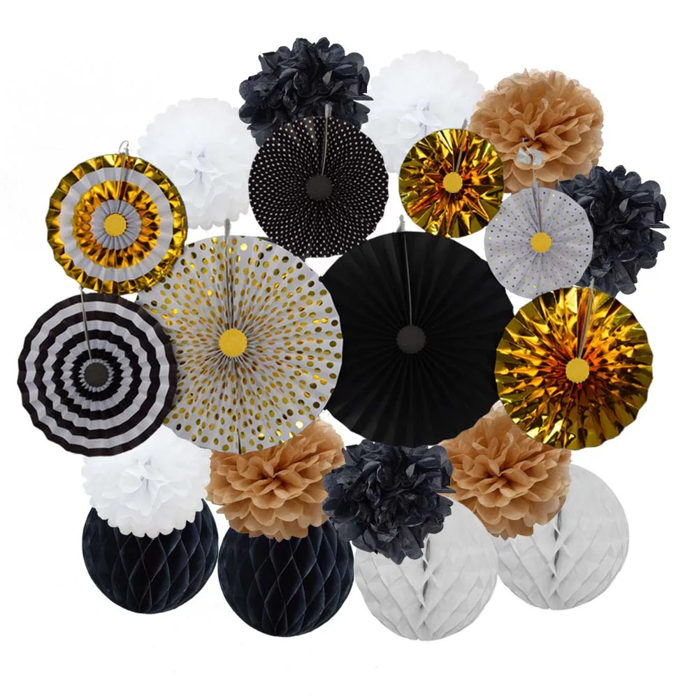 

Hot 21pcs/Set Graduation Party Favor Mixed Size Black/Gold/White Set Hanging Paper Fans Honeycomb Kids Birthday Decor Ornaments