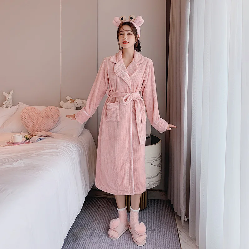 

Women Autumn Winter New Flannel Nightgown Sleep Robe Thick Warm Coral Velvet Bathrobe Loose Casual Bademantel Nightclothes Gown