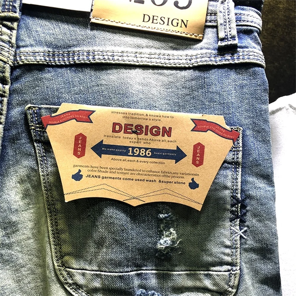 EH · MD® Blue Embroidered Hole Denim Shorts Men's Cotton Slim Pants Retro Shaving White European and American Style Casual 2022