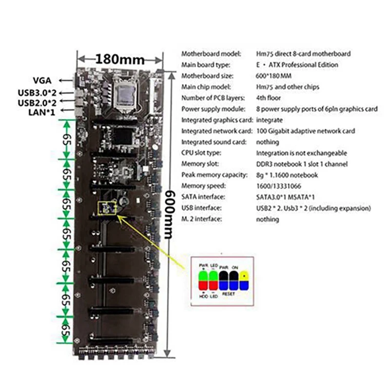 B75 BTC Mining Motherboard 8 PCI-E Graphics Slot 65mm LGA1155 DDR3 RAM SATA3.0 with G1610 CPU+DDR3 4G RAM+120G SSD Set best motherboard for desktop pc