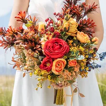 JaneVini Ins осенний оранжевый красный свадебный букет винтажный Искусственный Свадебный букет невесты путешествия фотография ручной Цветы аксессуар