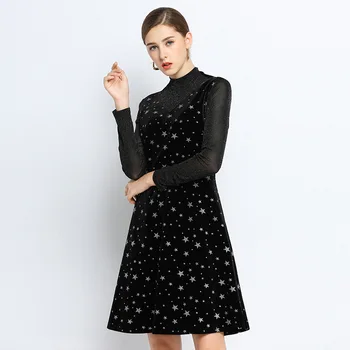 

2019 New arrival women gold velvet dress oversize Hollow out knitted patchwork fake two dress Elegant party dress free shiping