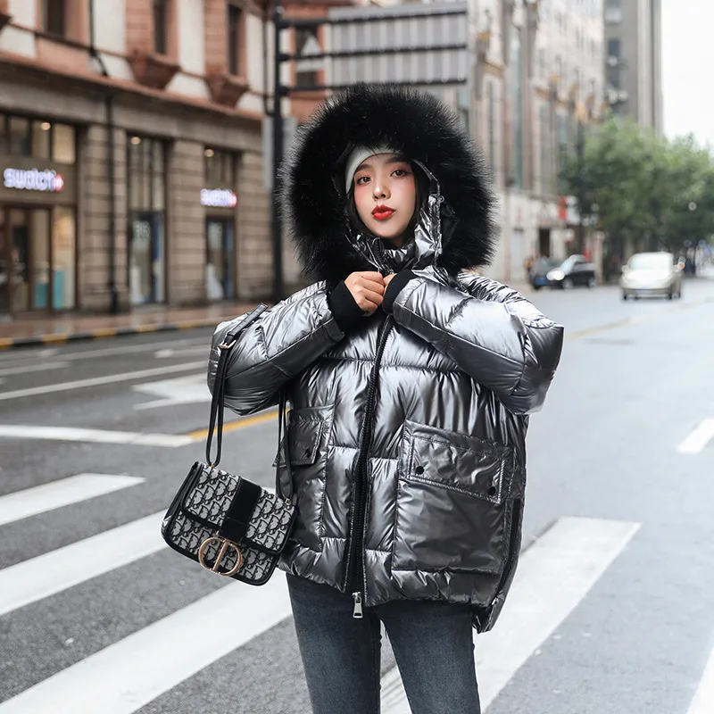 gray silver jacket FORERUN, Большая Меховая куртка с капюшоном, женские негабаритные куртки, зимнее глянцевое пуховое пальто, асимметричные повседневные парки, Winterjas Dames - Цвет: gray silver jacket