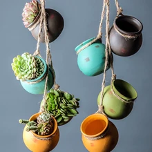 Mini Zakka Hemp Rope Fleshy Flower Pot Ceramic Hanging Vase Wall Hanging Planter Flower Plant Bonsai Pots Home Decor Accessories