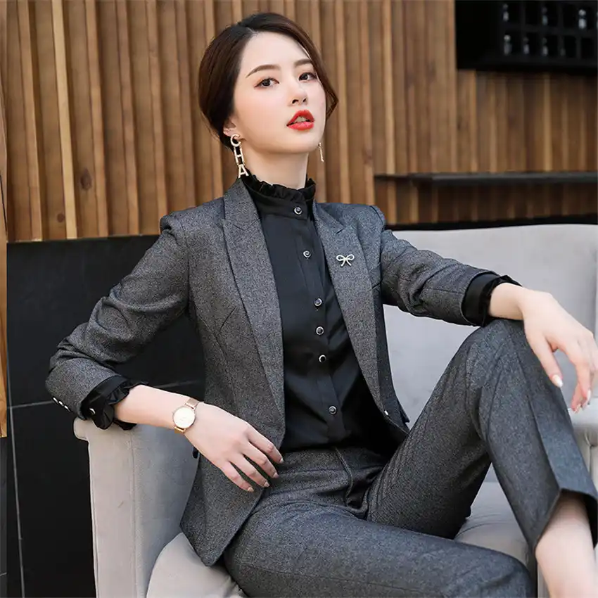 بدلة حريمي سترة عمل وبانت مكتب سيدة كم طويل جاكيت بانت بدلات انيقة فيم 2 قطعة طقم مقابلة بدلات Pant Suits Aliexpress