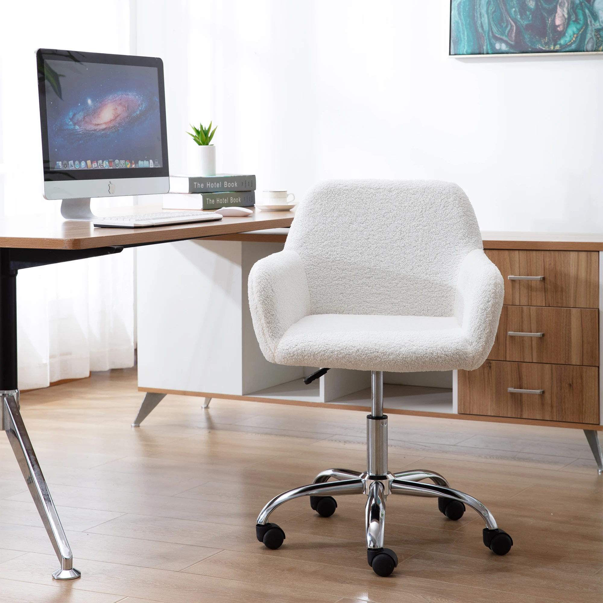 

Rustic Sherpa Office Chair Home Computer Chair Adjustable Tasks Swivel Executive Chair Faux Fur Fabric Ivory[US-Depot]