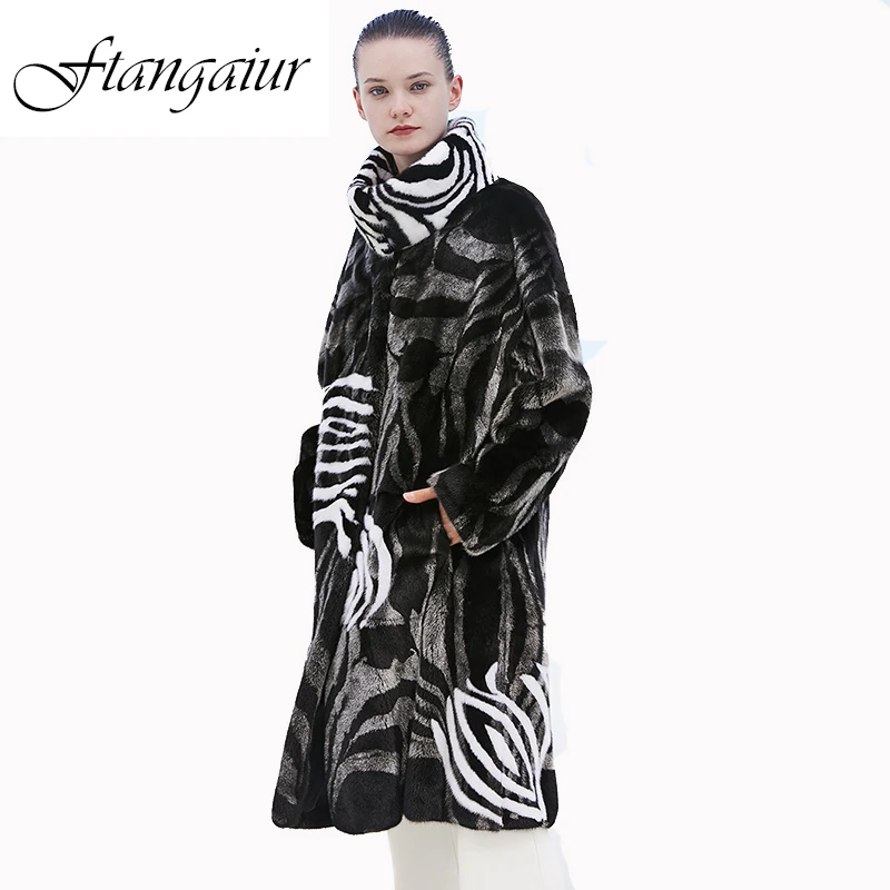 Ftangaiur Winter Import Velvet Mink Fur Coat Contrast Color Striped Mink Coat Women's X-Long Natural Real Mink Fur Coats