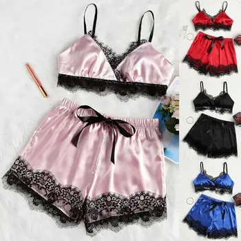

2pcs Womens Sexy Satin Lace Sleepwear Babydoll Lingerie Nightdress Pajamas Set