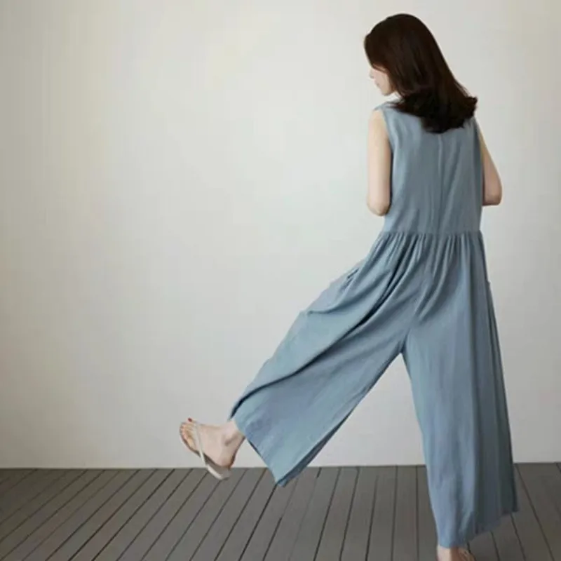 Johnature 2020 New Korean Casual Cotton Linen Sleeveless Loose Jumpsuits Women Summer Pockets Ankle-length Bodysuits Johnature 2020 New Korean Casual Cotton Linen Sleeveless Loose Jumpsuits Women Summer Pockets Ankle-length Bodysuits