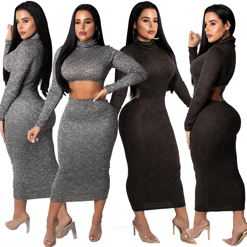 

Dresses Women 2020 Autumn Winter Casual Hollow Backless Dress Fashion Sexy Solid Color Long-sleeved Turtleneck Skinny Long Dress