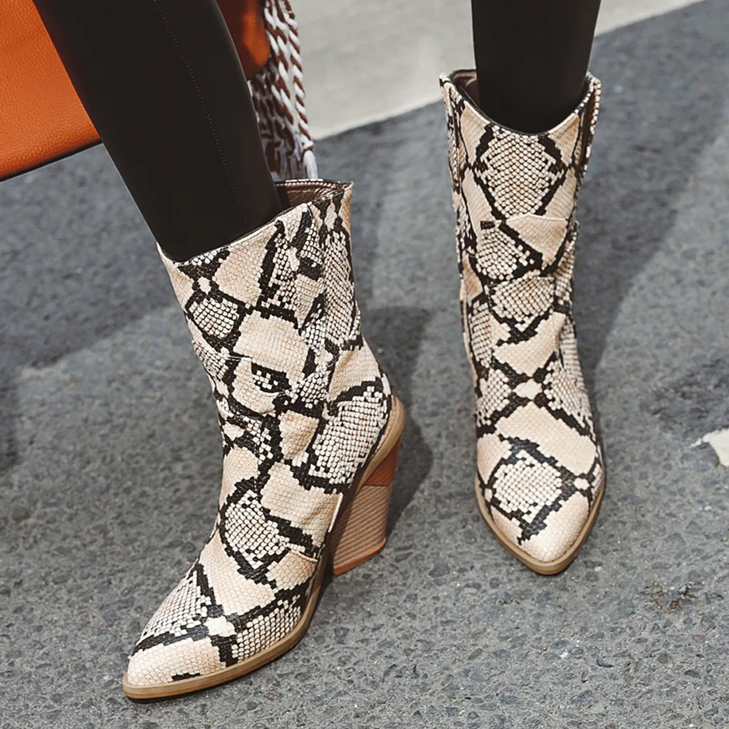 autumn Winter new Womens Leather Snake Print Wedges Shoes Pointed Toe Cowboy Slip-On Boots high heel boots women boots#O19