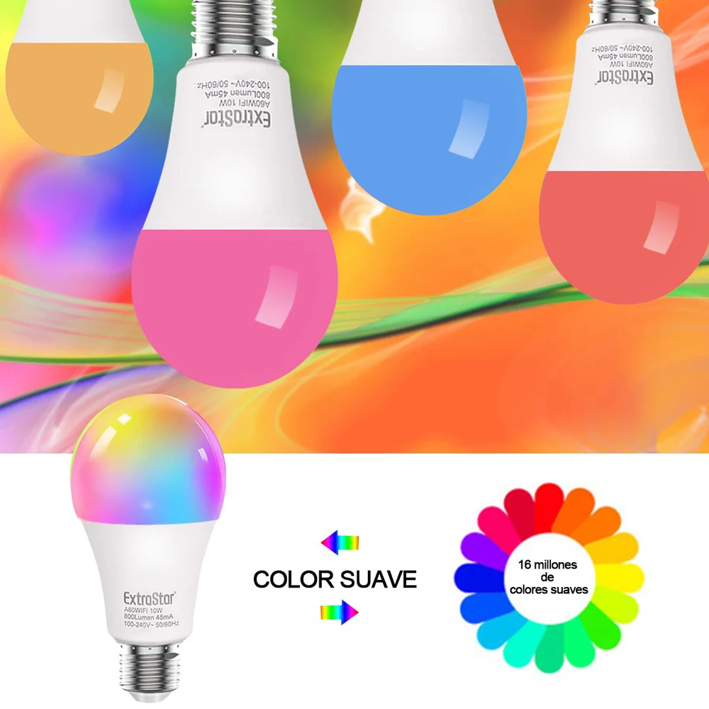 ExtraStar®Only 10W E27 smart LED bulb warm/cold lights & RGB, lamp works with Alexa Google at 2.4GHz