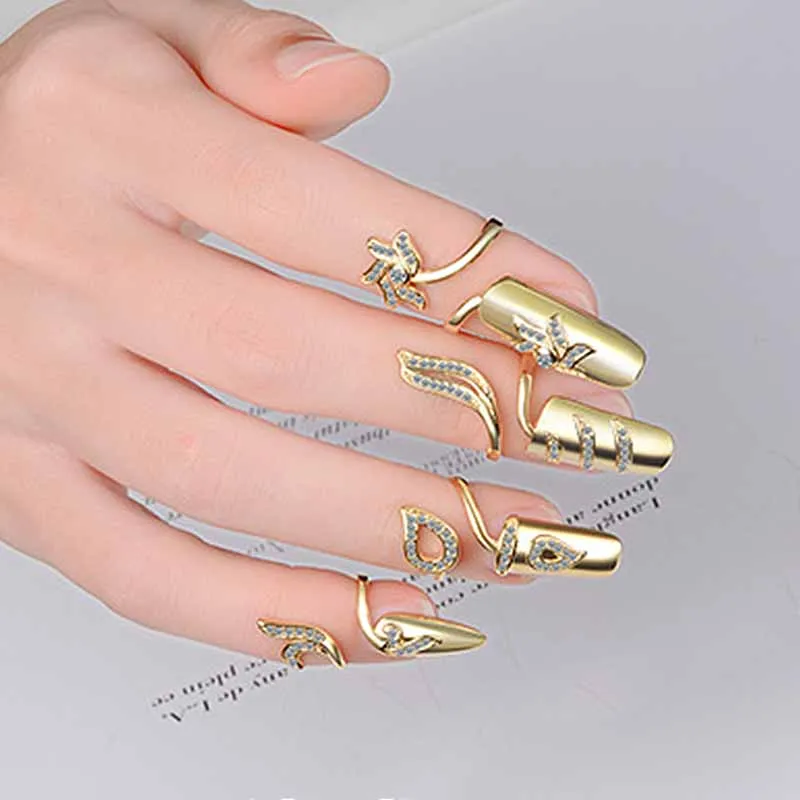Korean Style Fashion Nail Ring Charm Crystal Flower Women Opening Adjustable Nail Cover Rings Wedding Bridal Jewelry