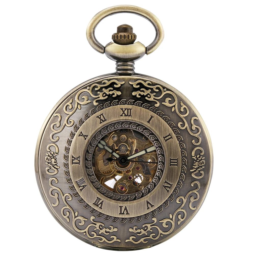 Bronze Carved Shell Luminous Needle Automatic Machine Mechanical Pocket Watch Hollow Case Roman Numerals Skeleton Antique Clock