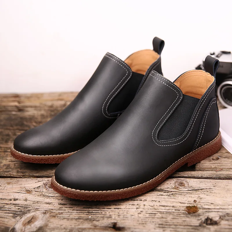 

Autumn MEN'S SHOES Short Boots Chelsea Boots zhong gao bang Foot Covering Leather round-Toe England Retro Outdoor Leather Boot C