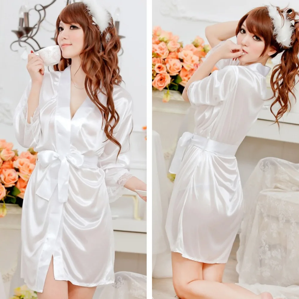 Hot Sexy Lingerie Satin Lace Kimono Intimate Sleepwear Robe Sexy Night Gown Women Sexy Underwear 5 Colors_voghion.com