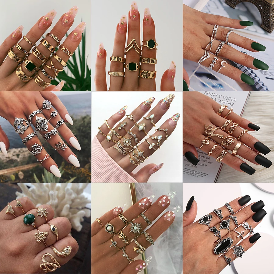 Conjuntos de anillos para dedos geométricos de diseño Simple bohemio para mujer, anillos de nudillos de piedra de ojo de serpiente, joyería para niña