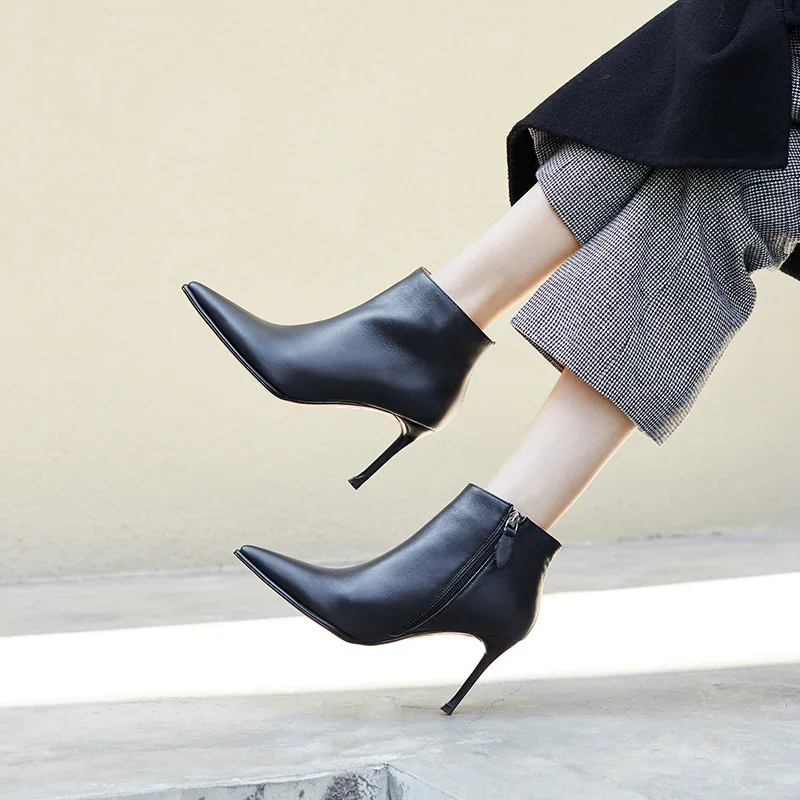 BLK Short Plush Botas Mujer; женские ботинки на высоком каблуке; Сезон Зима; коллекция года; сезон весна-зима; коллекция года; ботинки из натуральной кожи с острым носком на каблуке; Bottine clutes - Цвет: BLK Short Plush
