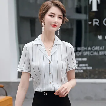 

White Stripes Short Sleeve Shirt Female Temperament Design Feeling Xiaozhong Loose Shirt Joker Occupation Pack