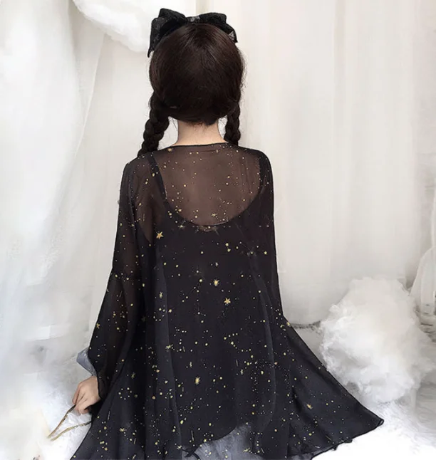 only black coat Черное/красное/Белое платье лолиты для взрослых, пальто, карнавальный костюм звездного неба, женский летний костюм, шифоновая Одежда для девочек - Цвет: only black coat