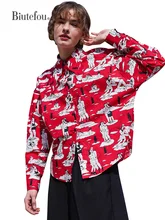 

[Biutefou] Original Design 2022 Spring Women Vintage Loose Fun Character Printing Thin Cotton Shirt