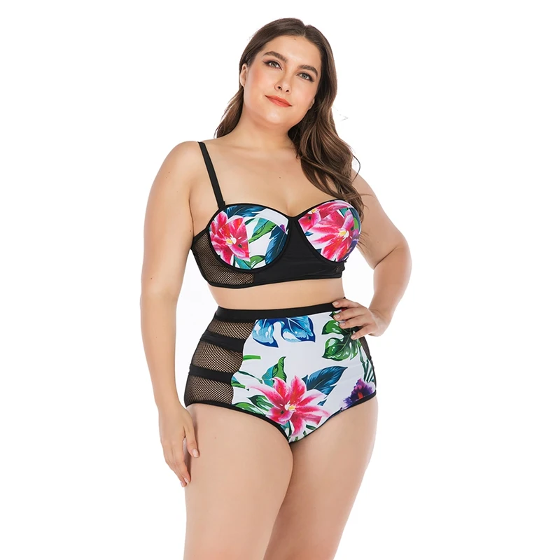

Women Floral Patchwork Tankini Strappy High Waist Mesh Swimwear Bikini Top Bottom Lady Plus Size Swimsuit Beach Swimming Suit
