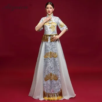 

Chinese Traditional Wedding Cheongsam Elegant Long Satin Dress Women Qipao Vestido Oriental Style Dresses China Costume Vintage
