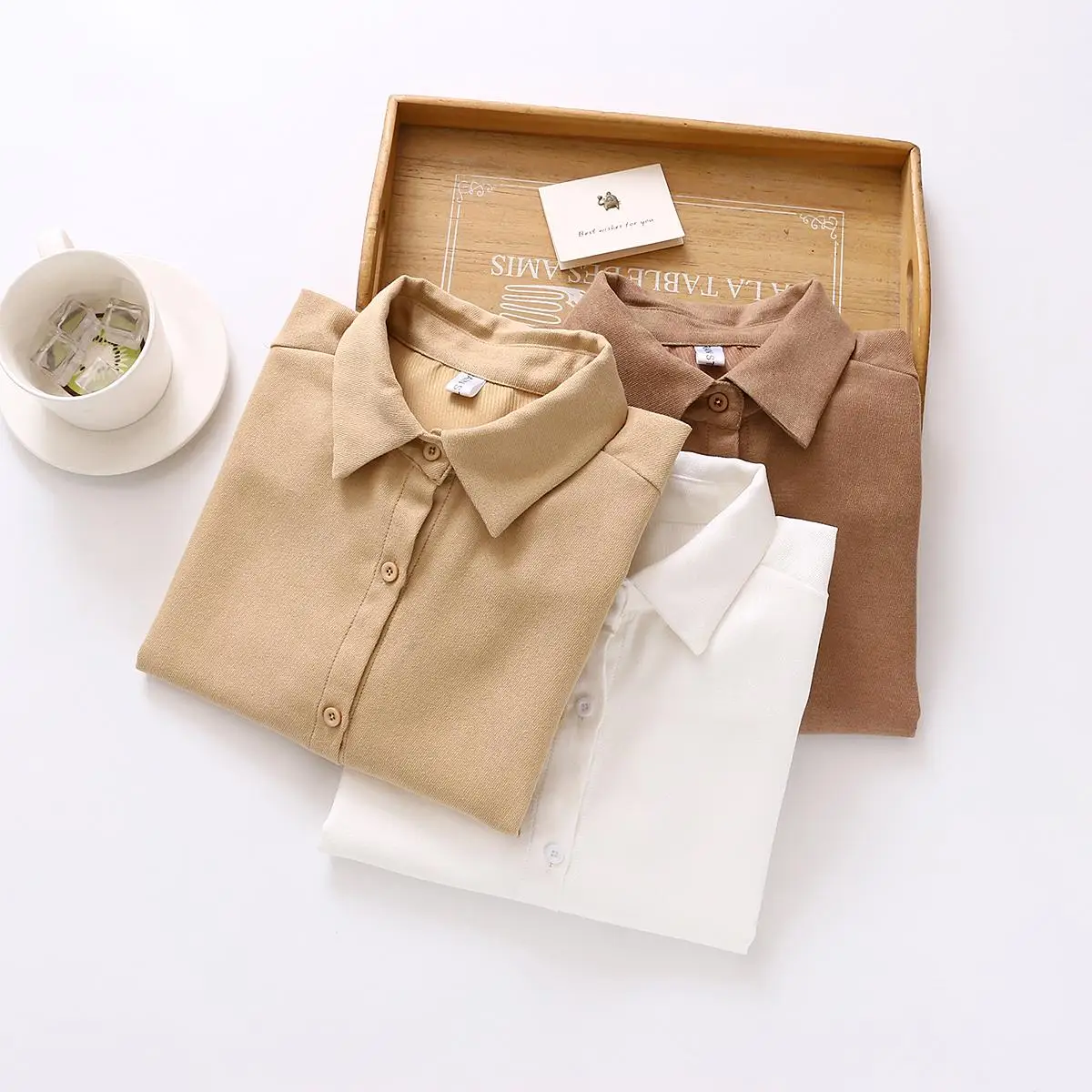 Женские топы и блузки в японском стиле для студентов, Женская Вельветовая рубашка с длинным рукавом, абрикосовый, хаки, белый Повседневный Топ