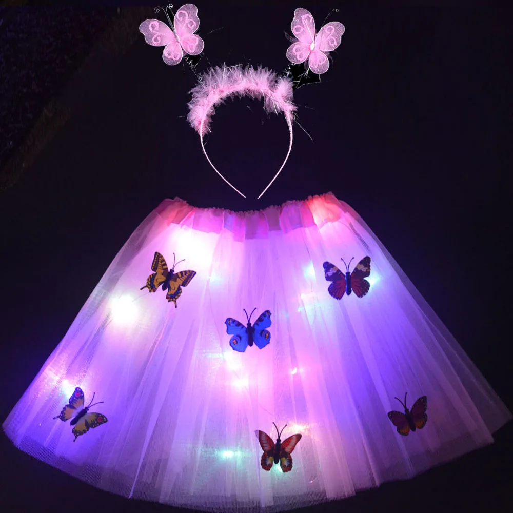 Princess Women Girl Light up Glow Star Butterfly Tutu LED Skirt Headband Neon Party Fairy Costume Birthday Wedding | Дом и сад