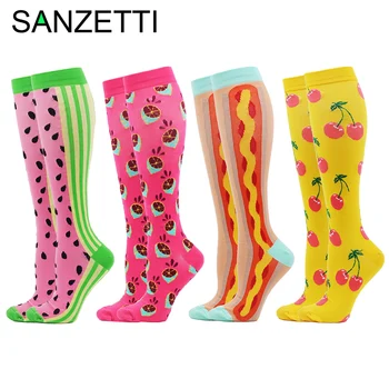 

SANZETTI 4 Pairs/Set Women's Compression Socks with Fruit Print Cotton Below Knee Anti-Fatigue Casual Work Cycling Long Socks
