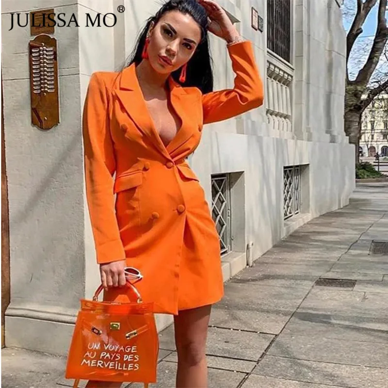 Julissa mo оранжевый зубчатый воротник блейзер платье для женщин Осень Зима с длинным рукавом двубортное шикарное пальто офисные женские пиджаки Топ