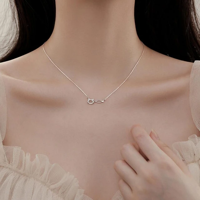 925 Sterling Silver Cat Fish Necklaces for Women Simple Cute Clavicle Chain  All-match Student's Wedding