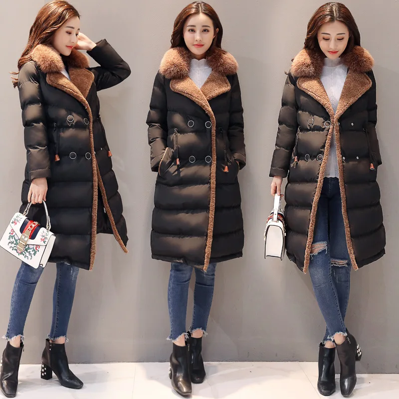 

2017 New Style Winter Korean-style Fox Fur Collar Waist Hugging Slim Fit Thick Mid-length Cotton-padded Clothes WOMEN'S Dress Co