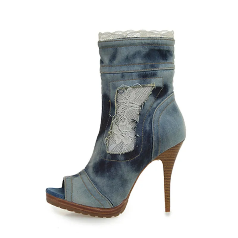 Женские ботильоны с открытым носком синие джинсовые ботинки челси на высоком