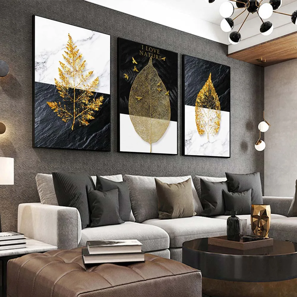 Nordic fashion art plant canvas painting golden leaf feather poster office wall painting living room home decoration mural