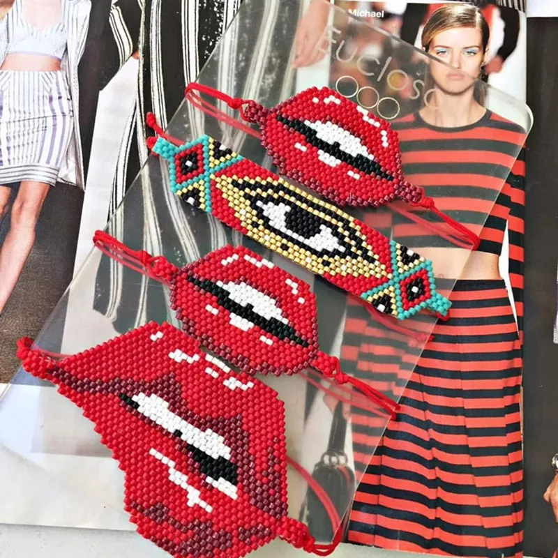 ZVZO MIYUKI браслет Evil Eye браслеты Bite Lips розовые красные бусины ручной работы Тканые женские Украшения, Браслеты mujer moda
