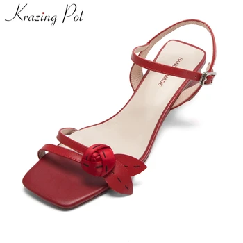 

Krazing pot gladiator flowers sweet applique square toe women sandals buckle strap med square heels breathable summer shoes L1f2