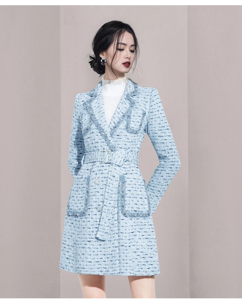 Fashion Blue Small Fragrant Wind Tweed Women Blazer Coat 2022Winter New Jackets Office Lady Temperament Suit Woolen Coat + Belt women's down coats & jackets