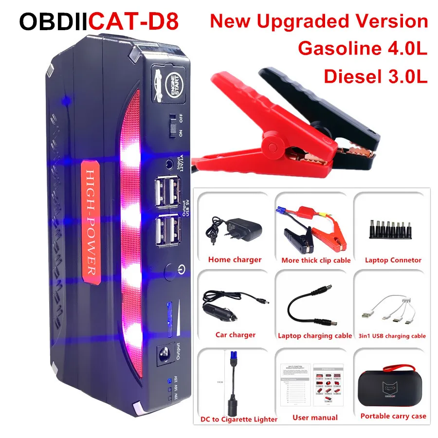 

OBDIICAT-D8 Power Bank car Jump Starter Emergency Car Starter 4USB Battery Charger Buster for Mobile Phone Laptop