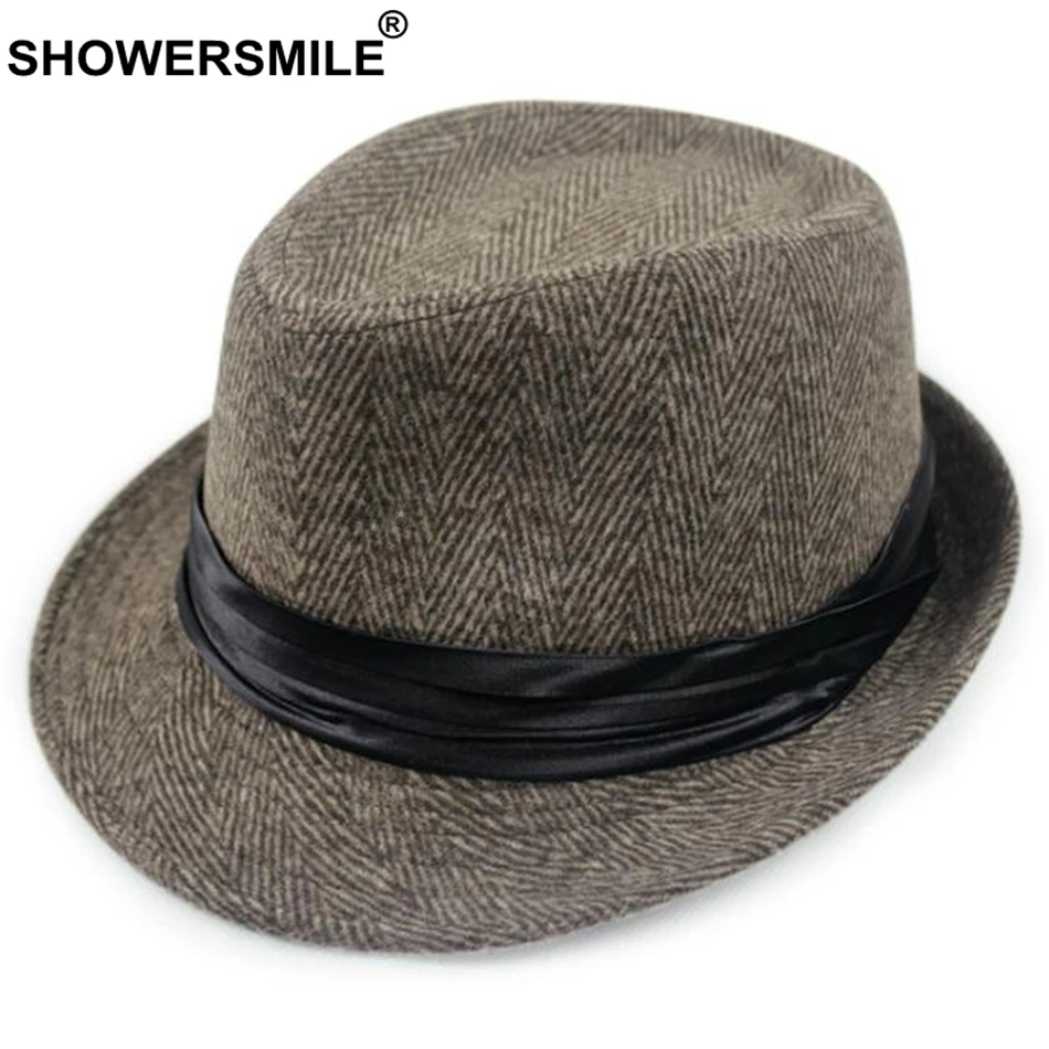 Coffee Stripe Hats SHOWERSMILE фетровая шляпа с елочкой для мужчин хлопок британский стиль Панама Шляпы винтажные женские классические серые шляпы весна-осень и шапки - Цвет: Coffee Stripe Hats
